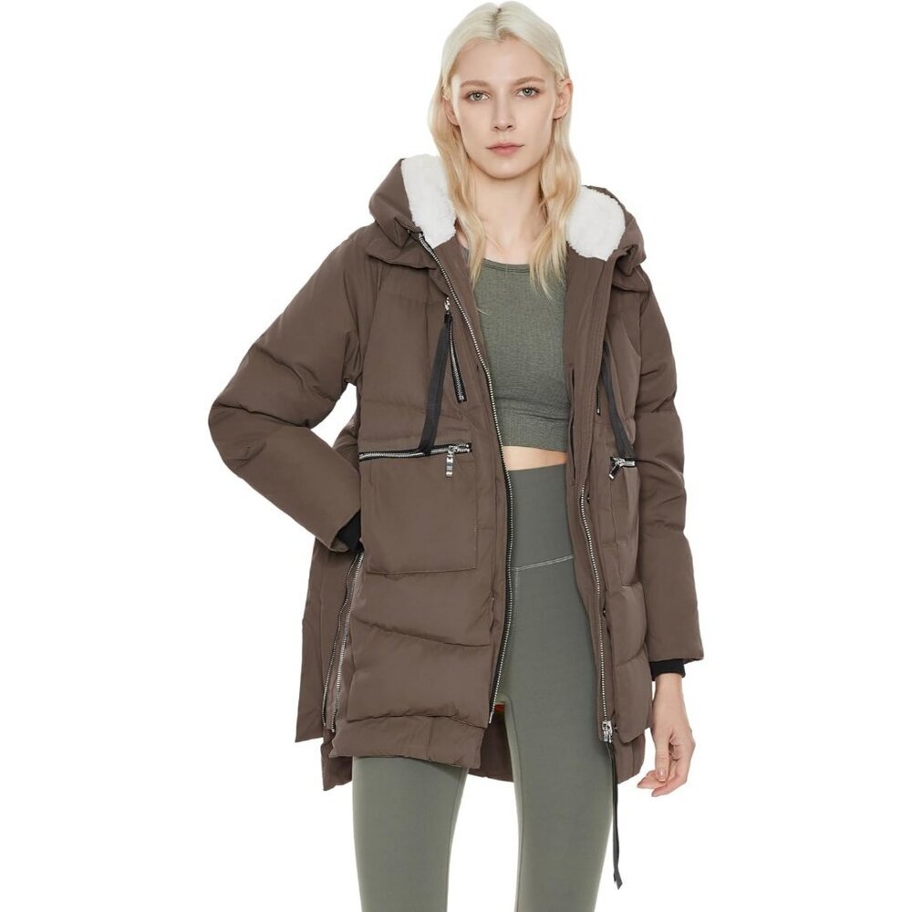 Women's Thickened Coffee Clothing Down Vest Jacket Warm Fleece Lined Hood Coat
